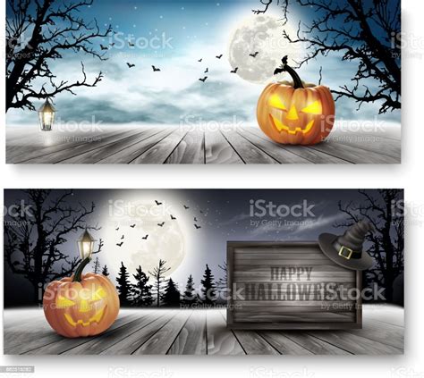 Scary Halloween Banners With Pumpkins And Wooden Sign Vector Stock Illustration Download Image