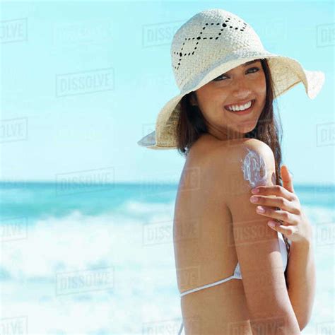 Sunscreen Portrait And Happy Woman On Beach With Hat Bikini And
