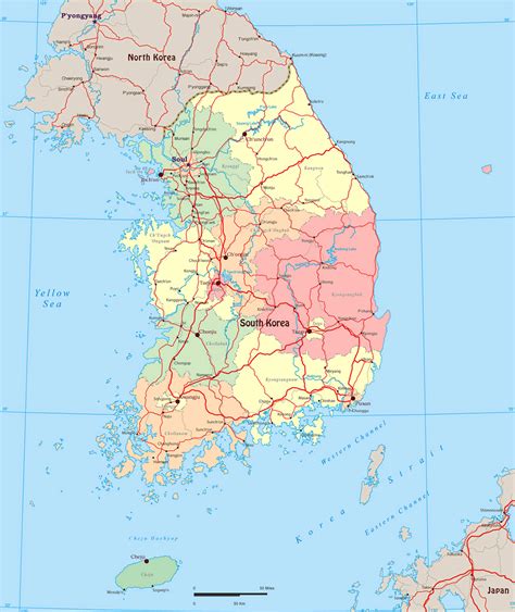 Large political and administrative map of South Korea with roads and ...