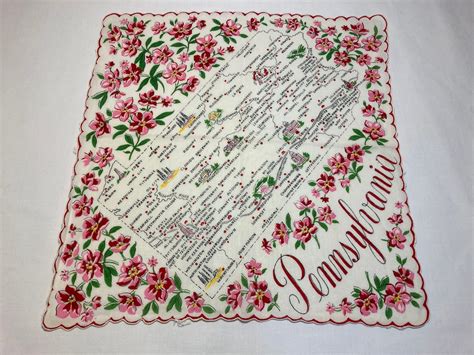 Vintage Pennsylvania US State Map Cotton Souvenir Handkerchief Hankie