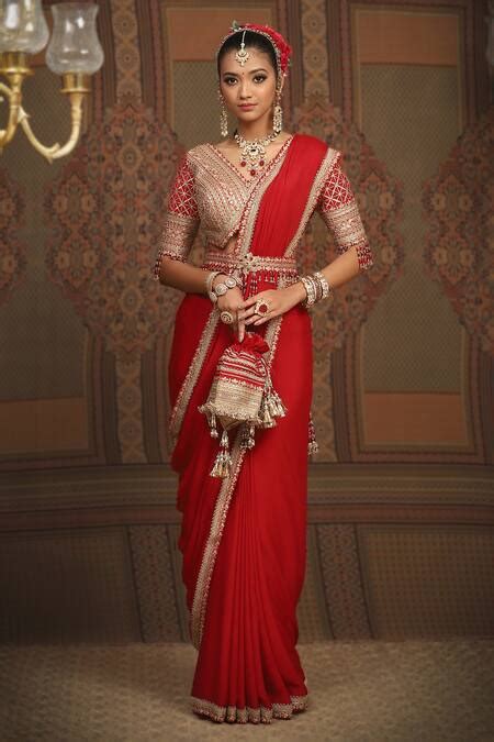 Buy Red Saree Pure Crepe Embroidered Gota V Border Work With Blouse For