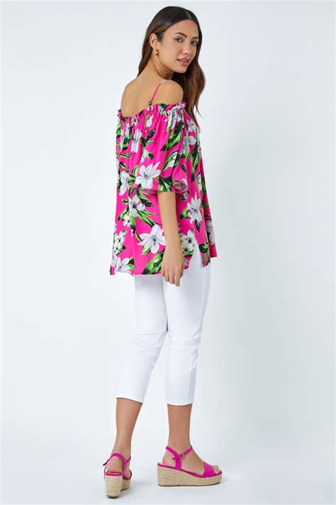 Fuchsia Tropical Cold Shoulder Bardot Top Roman Uk