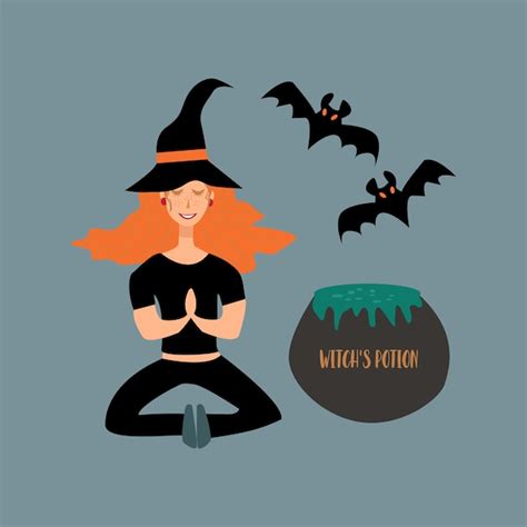 Premium Vector Cute Witch With Bats And Witchs Potion Vector