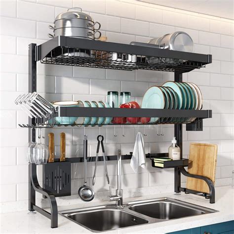 JASIWAY 2 Tier Stainless Steel Dish Rack In Black With Adjustable