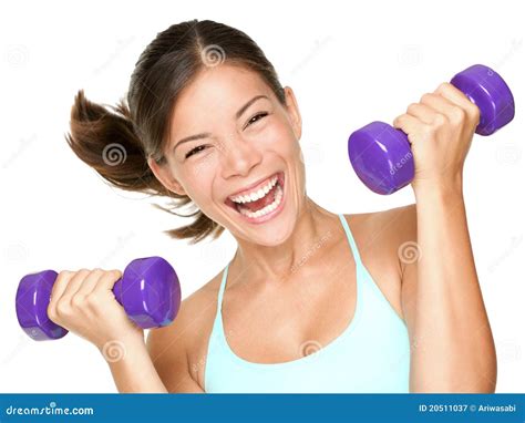 Happy Fitness Woman Lifting Dumbbells Stock Image Image Of Curls