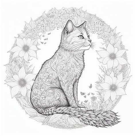 A Black And White Drawing Of A Cat Sitting In Front Of Flowers