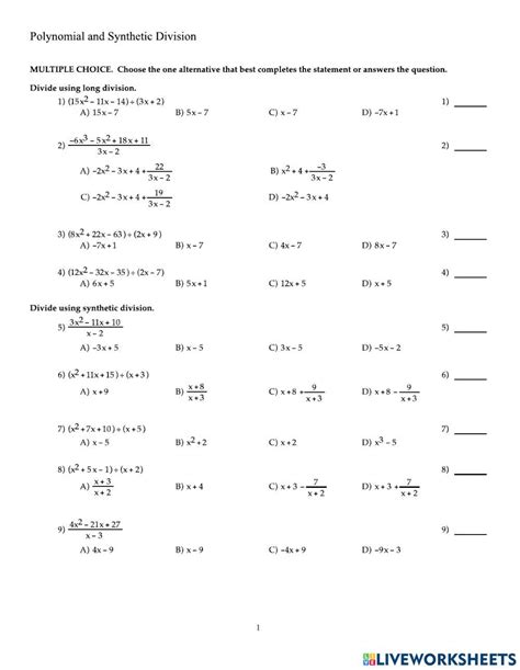 Polynomial And Synthetic Division Divide Using Long Division Worksheets Library