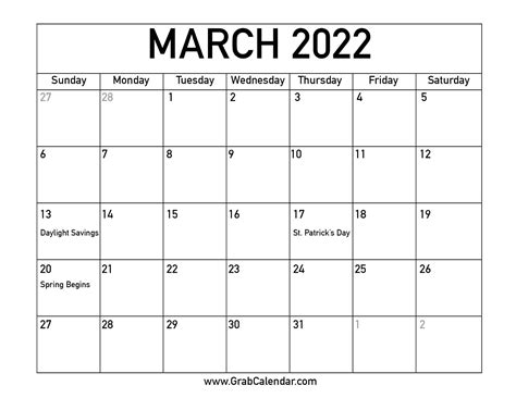 Printable March 2022 Calendar