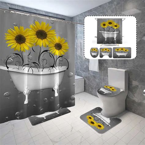 Ouneed Shower Curtains Set 4piece Non Slip Sunflower Pattern Toilet