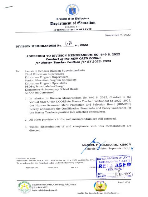 Dm No 680 S 2022 Addendum To Division Memorandum No 649 S 2022