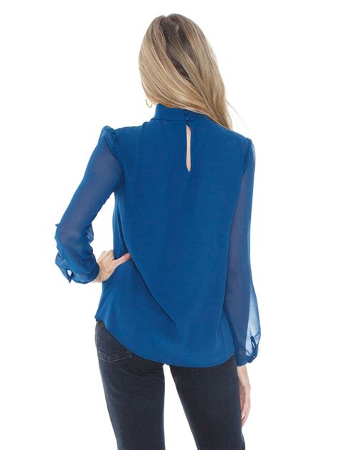 1 State Long Sleeve Sheer Keyhole Blouse In Blue Fashionpass