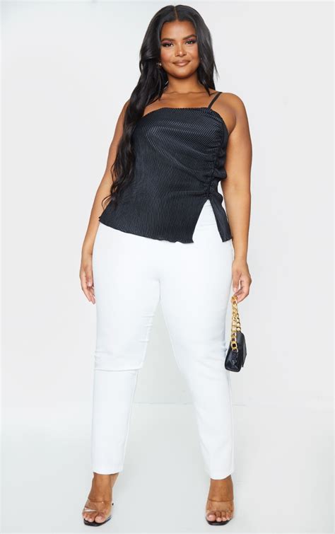 Plus Black Plisse Ruched Top Plus Size Prettylittlething