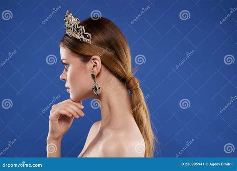 Portrait Of A Woman Luxury Naked Shoulders Cosmetics Fashion Fun Blue Background Stock Image