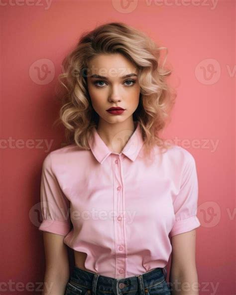 Beautiful Blonde Woman In Pink Shirt And Jeans Posing Against A Pink Background Generative AI