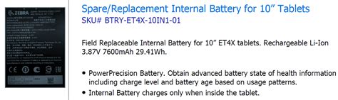 Btry Et X In Zebra Et X Spare Replacement Internal Battery For