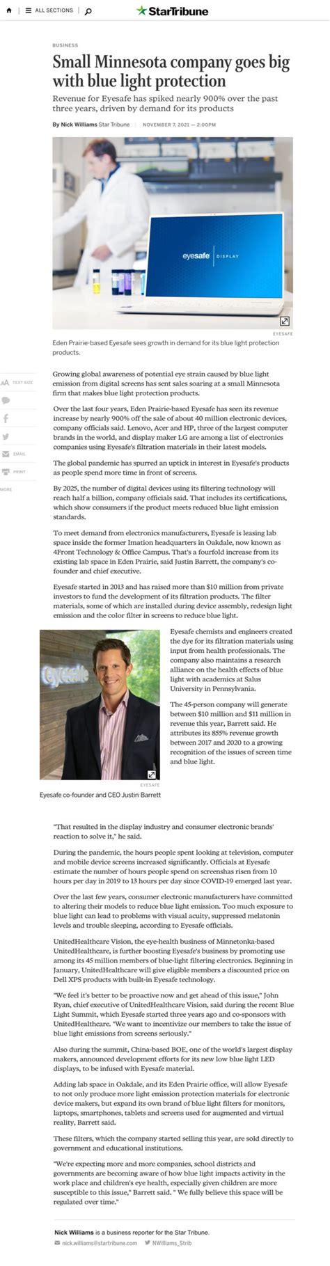 Press Eyesafe Sees Rapid Growth In Blue Light Technology