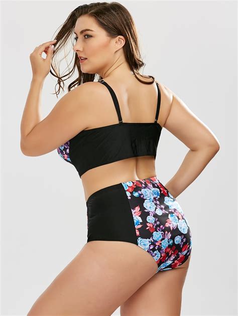 2018 Plus Size Floral Underwire High Waist Bikini Set BLACK XL In