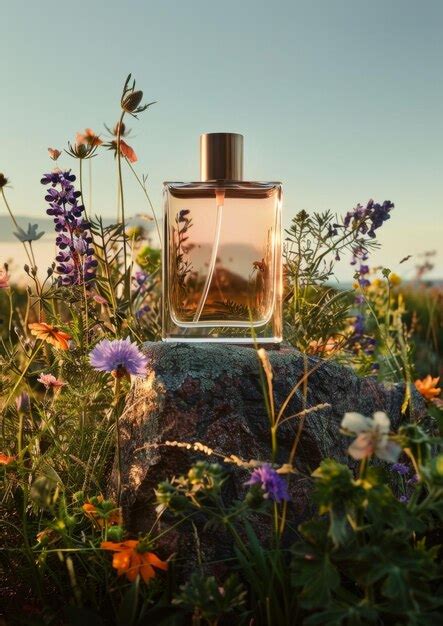 Una Botella De Perfume Se Sienta En Una Roca Con Flores En El Fondo