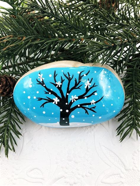 Winter Tree Painted Rock Tree In Snow Hand Painted Rock Etsy Hand