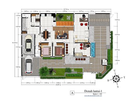 Desain Arsitektur Denah Lantai Satu Rumah Tropis Kontemporer Rumah