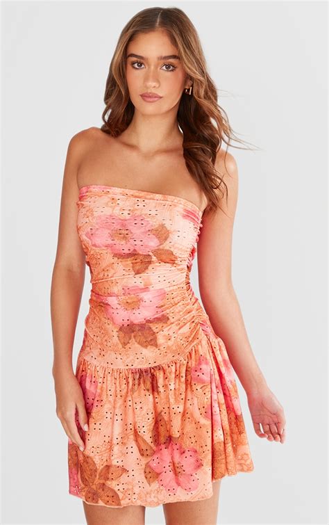 Pink Floral Broderie Frill Bandeau Bodycon Dress Dresses