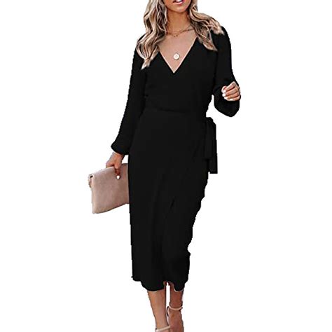 Black M Womens Long Dress Elegant V Neck Long Sleeve Pure Color Slit