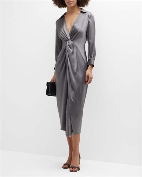 Theory Twisted Front Satin Midi Dress In Gray Lyst