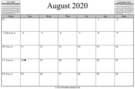 August 2020 Calendar Horizontal Layout