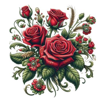 D Bunch Of Realistic Red Rose Flower With Green Leaves On Transparent