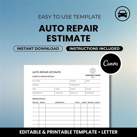 Printable Auto Repair Estimate Template • Estimate Form for Body Shop ...