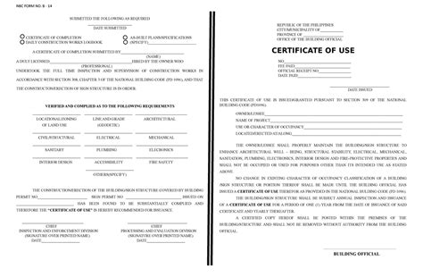 Certificate Of Use Nbc Form No B Submitted The Following As