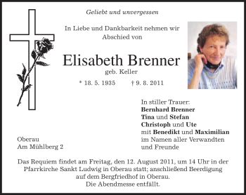 Traueranzeigen Von Elisabeth Brenner Trauer Merkur De