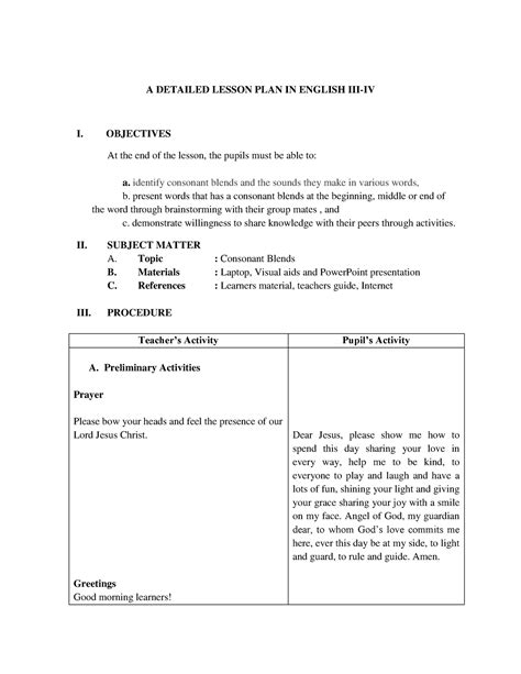 Detailed Lesson Plan In English 4 A Detailed Lesson Plan In English Iii Iv I Objectives At