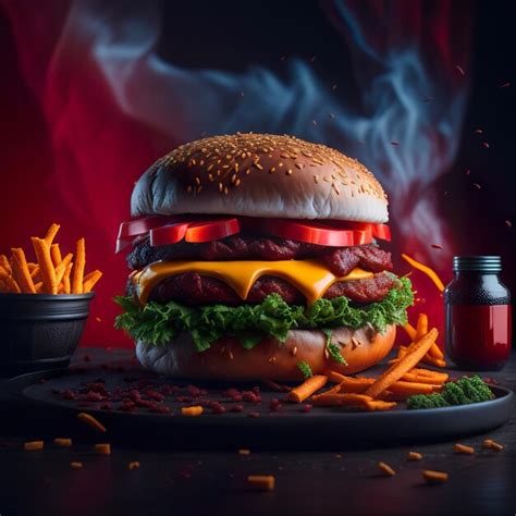 Premium Ai Image A Large Hamburger With A Red Background And A Smoke