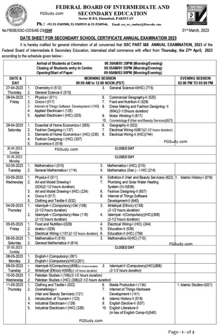 Fbise Date Sheet Ssc Fg Study