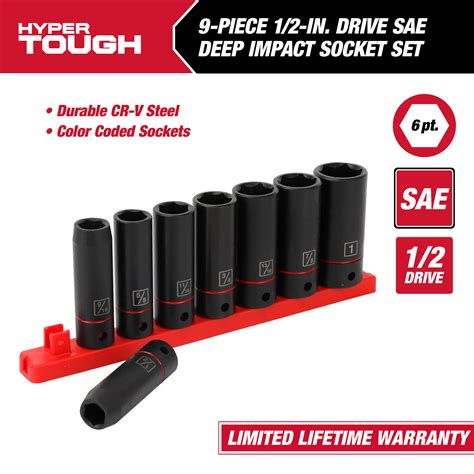 Hyper Tough 9 Piece 12 Inch Deep Drive Impact Socket Set Sae 41045