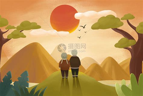 重阳节老人夫妇登山望远观山水噪点风格插画插画图片下载 正版图片401621634 摄图网