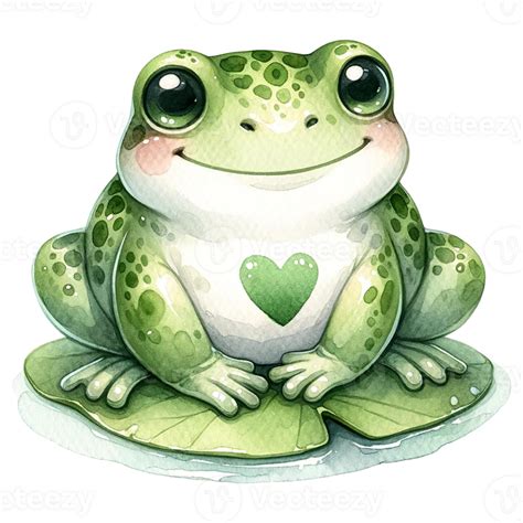 Cute Cartoon Frog With A Green Heart Sitting On A Lily Pad 46812398 Png