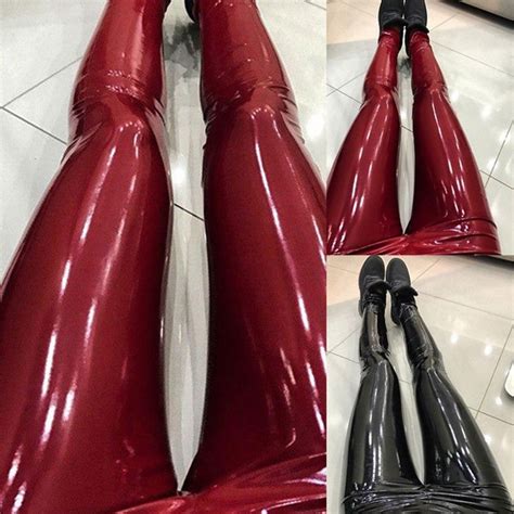 Ladies High Waist Tight Fitting Pants Women Glossy Pu Patent Leather