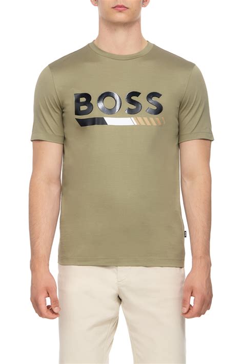 BOSS мужская футболка из натурального хлопка с логотипом хаки цвет ...