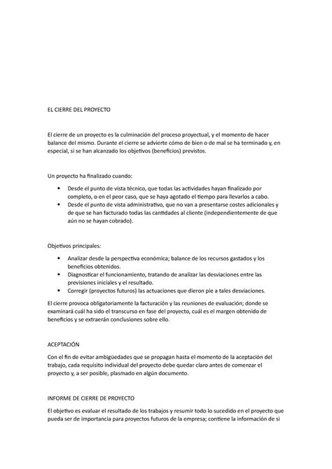 Informe De Cierre De Un Proyecto EL CIERRE DEL PROYECTO El Cierre De