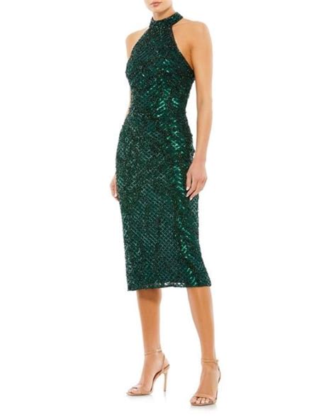 Mac Duggal Synthetic Sequin High Neck Halter Midi Dress In Bottle Green