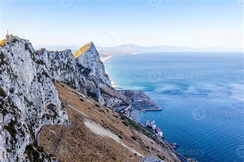 View To The Rock Of Gibraltar Peak With Seaside Stock Photo At