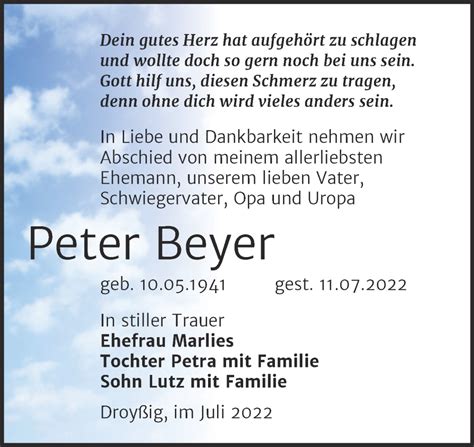 Traueranzeigen Von Peter Beyer Abschied Nehmen De