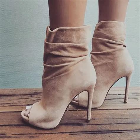 Nude Suede Open Toe Ankle Boots Sexy High Heel Boots For Woman Autumn Winter Short Boots Thin