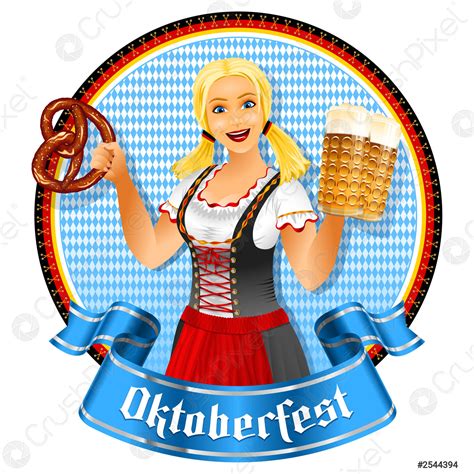 Oktoberfest Girl Waitress Brezel Beer Glass Bavarian Cartoon Cheerful