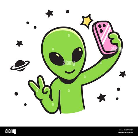 Lindo personaje alienígena de dibujos animados toma selfie con teléfono