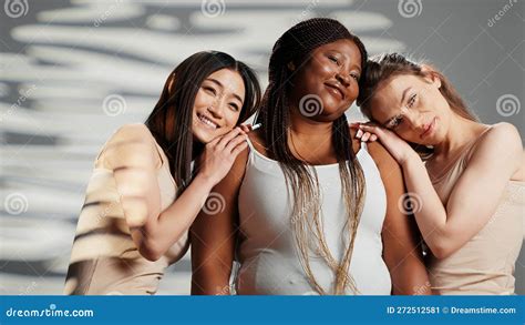 Different Body Types Multiracial Wellness Models Filming Ad Stock Image