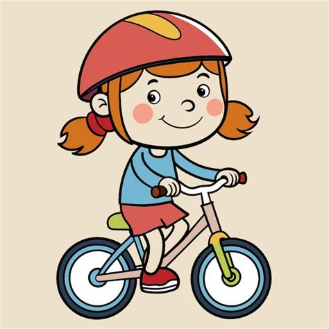 Niña feliz con casco montando en bicicleta Vector Premium