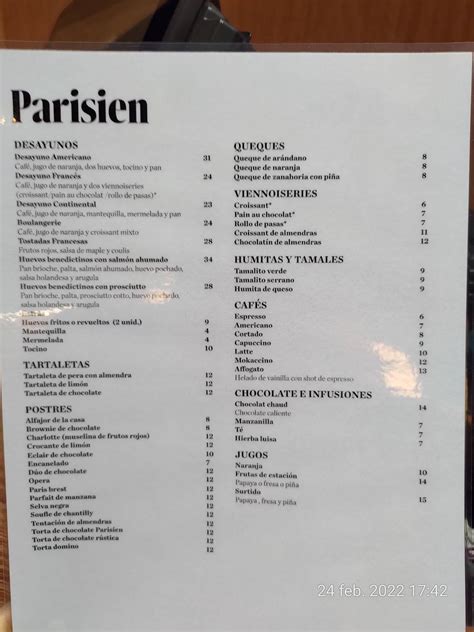 Carta Del Pub Y Bar Parisien Pardo Y Aliaga San Isidro